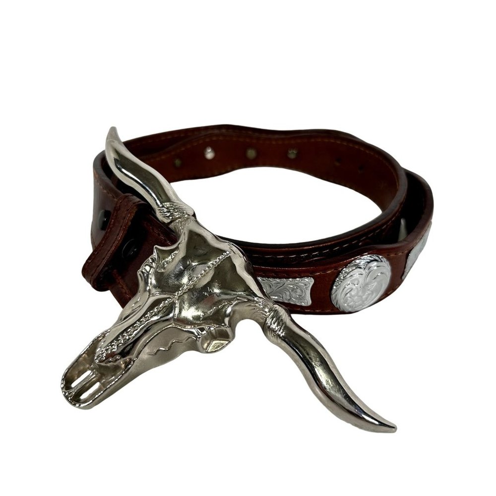Longhorn Steer Skull Leather Belt Embossed n Studded Mens Size 42 Made in Mexico - Picture 1 of 9
